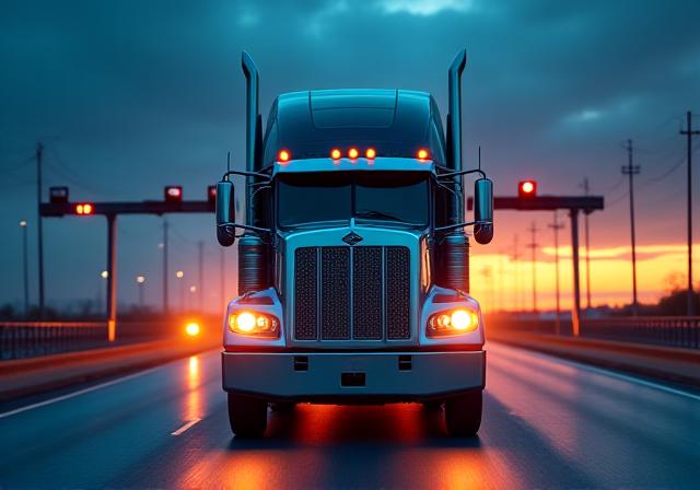 Modern logistics truck crossing the US-Mexico border at dusk