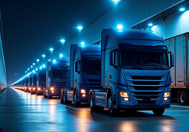 A line of modern TBH2 long-haul trucks parked at a logistics facility