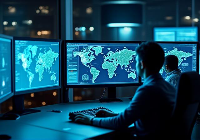 Modern logistics dispatch center with high-tech displays monitoring truck movements