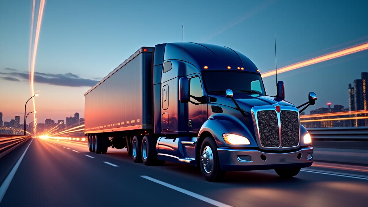 Expedited TBH2 heavy-duty truck moving swiftly on a highway at dusk with long exposure light trails