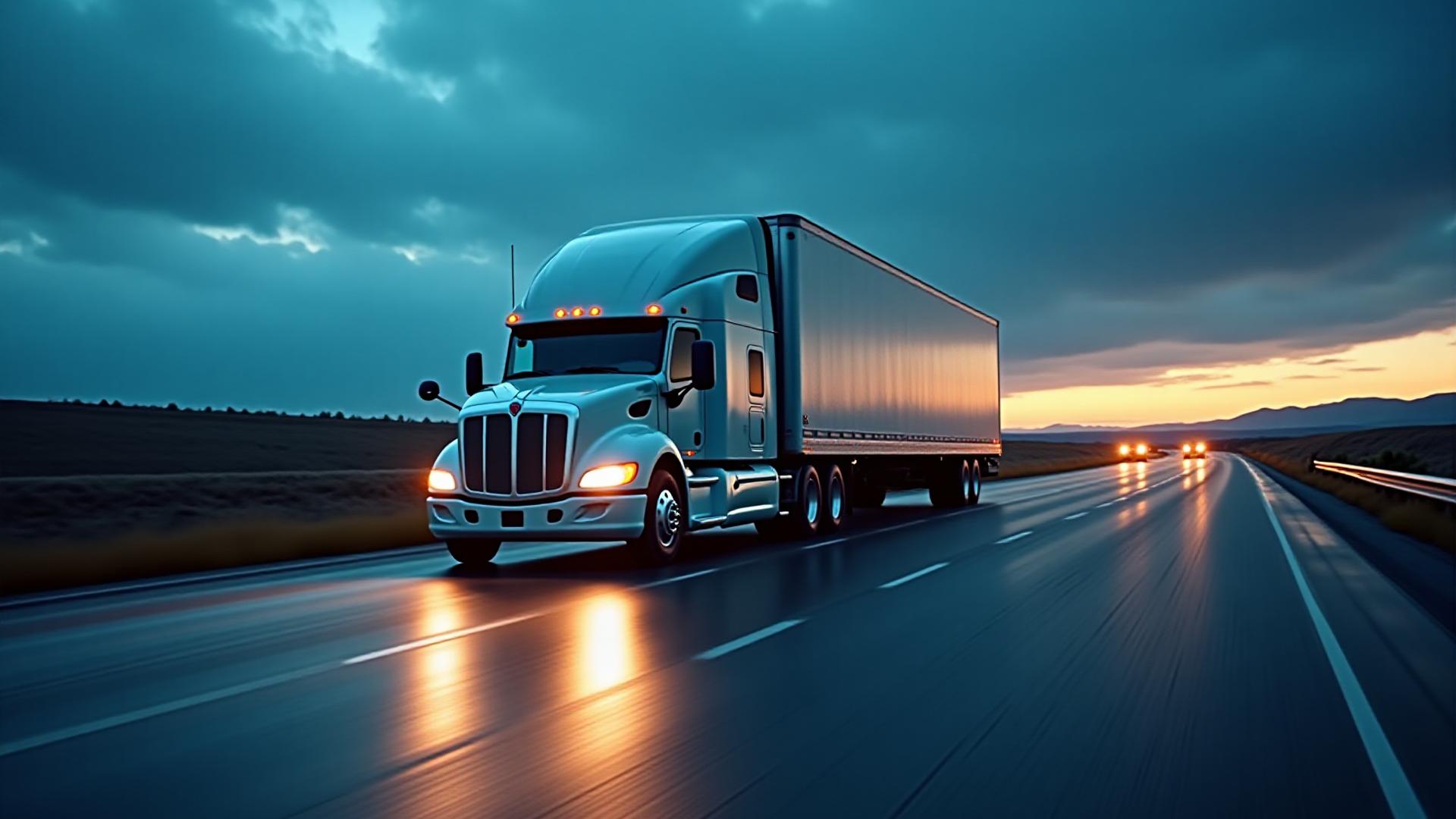 Modern TBH2 logistics truck on highway during dusk