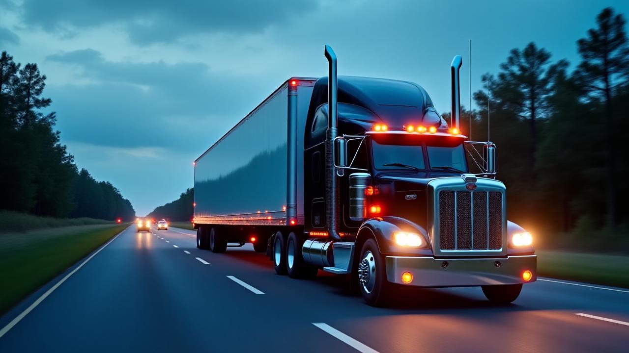 Heavy-duty TBH2 truck on a highway during blue hour