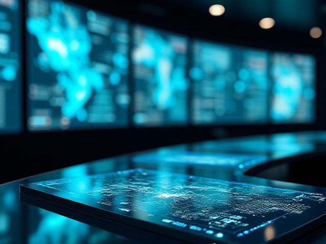 Logistics coordinator monitoring fleet performance on high-tech screens