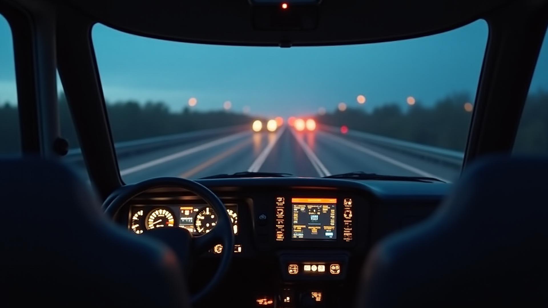 Close up of a modern truck steering wheel and high-tech dashboard at dusk