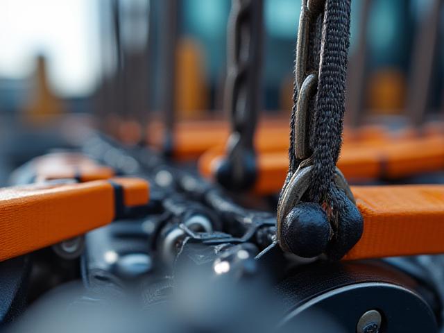 Detailed shot of secured industrial equipment on a flatbed